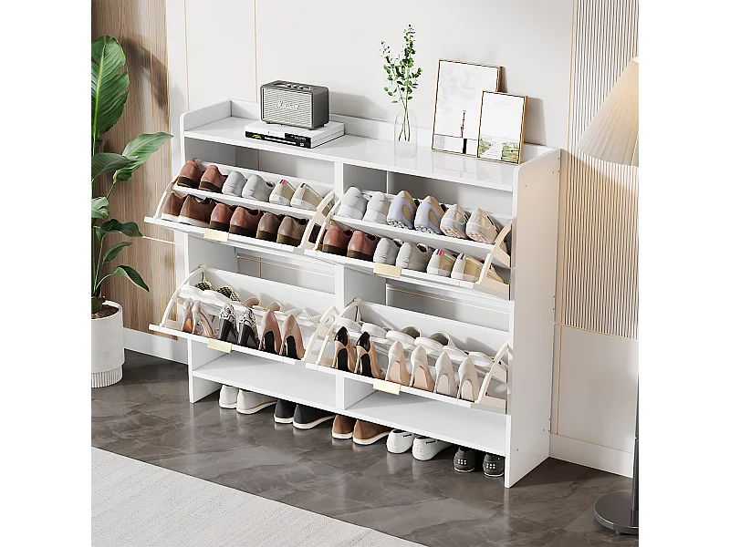 Meuble à chaussures moderne avec 4 rangement à rabat - 100 x 24 x 90 cm - aggloméré - blanc