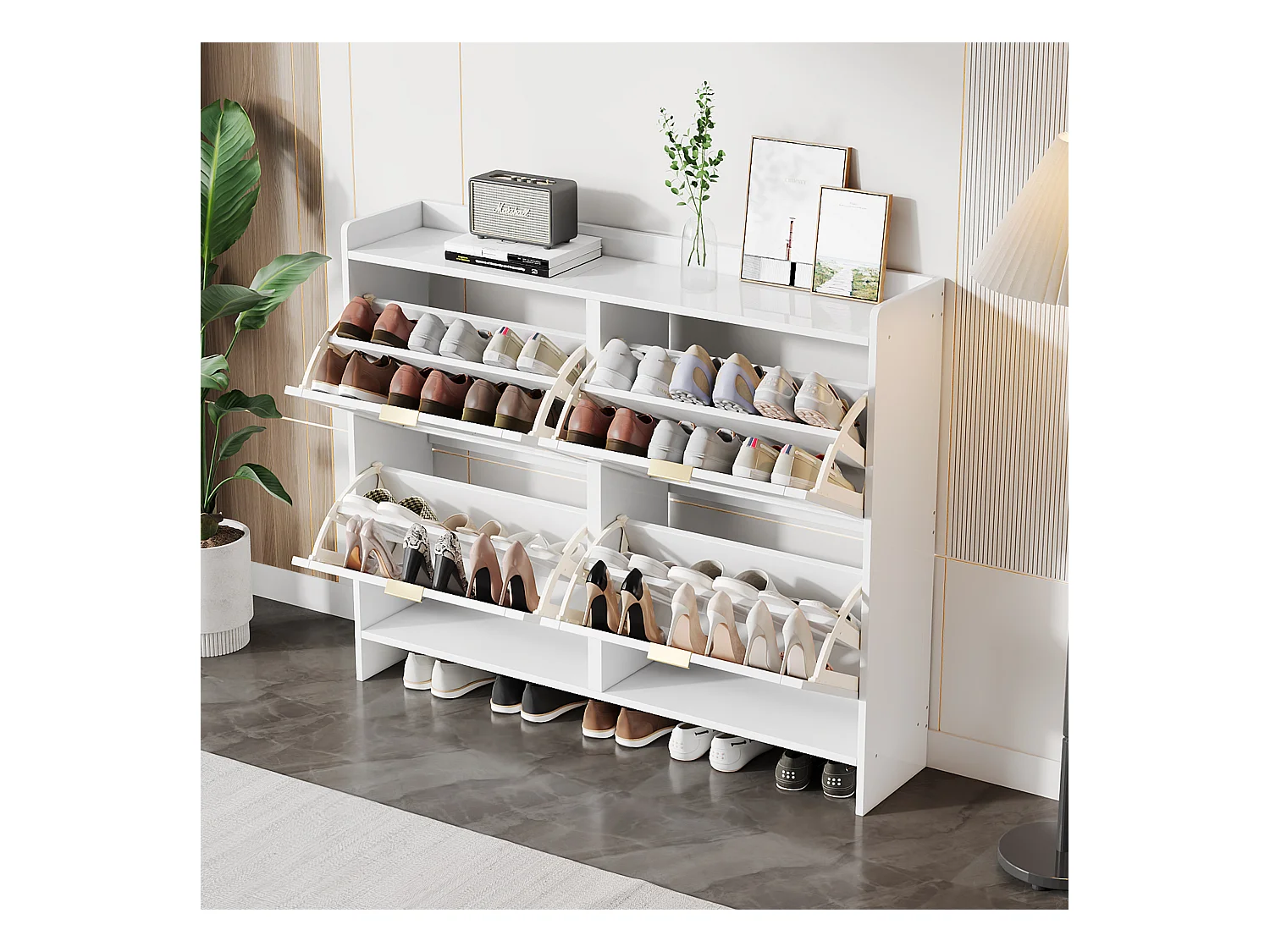 Meuble à chaussures moderne avec 4 rangement à rabat - 100 x 24 x 90 cm - aggloméré - blanc