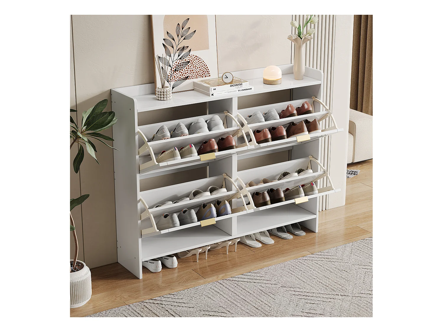 Meuble à chaussures moderne avec 4 rangement à rabat - 100 x 24 x 90 cm - aggloméré - blanc