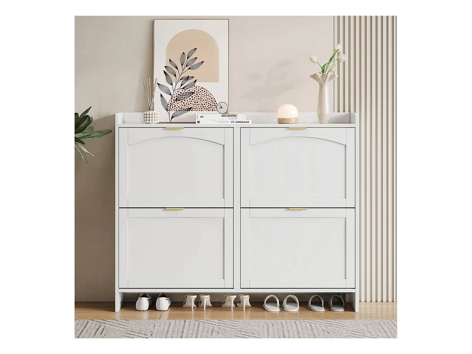 Meuble à chaussures moderne avec 4 rangement à rabat - 100 x 24 x 90 cm - aggloméré - blanc