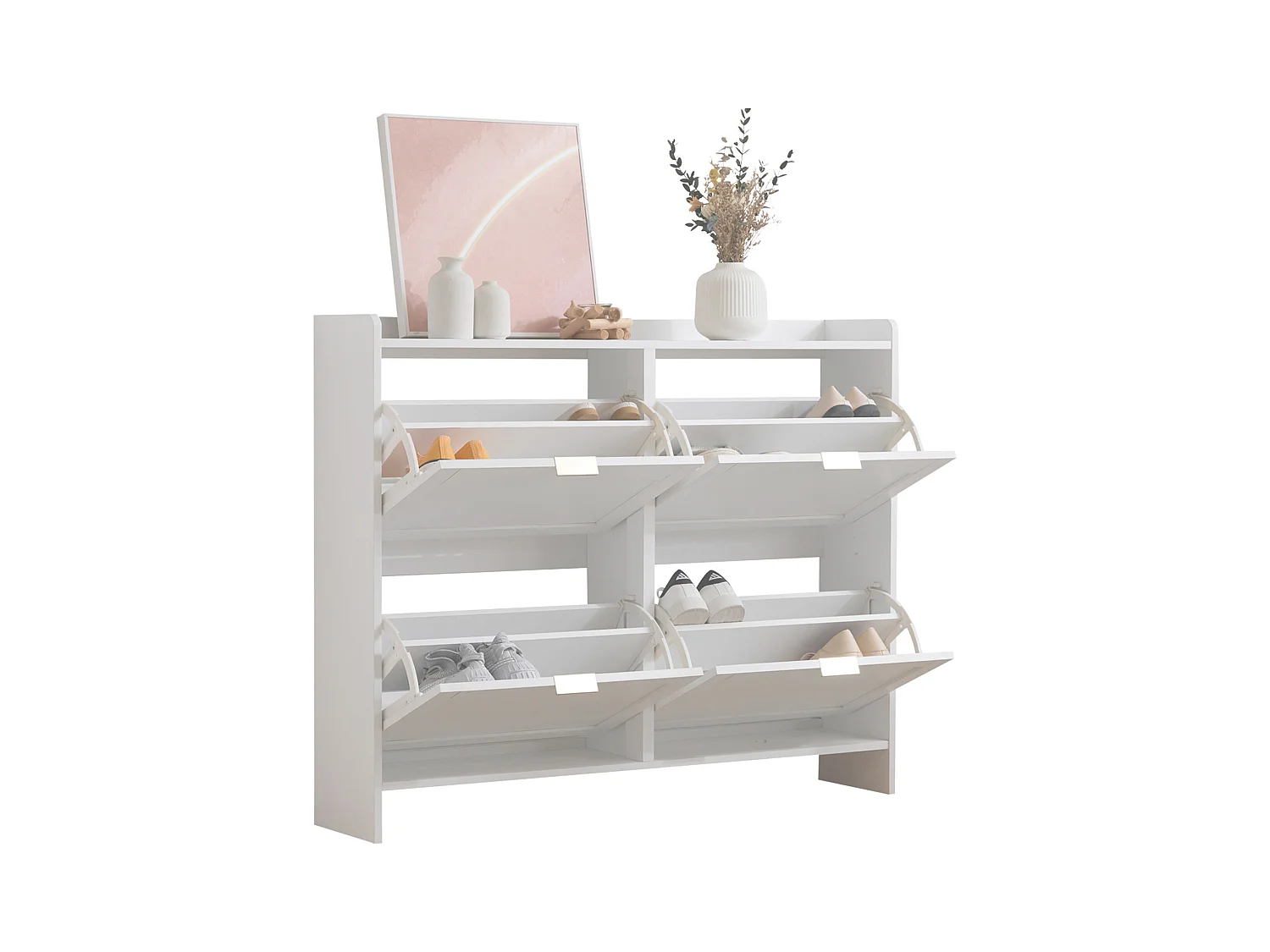 Meuble à chaussures moderne avec 4 rangement à rabat - 100 x 24 x 90 cm - aggloméré - blanc