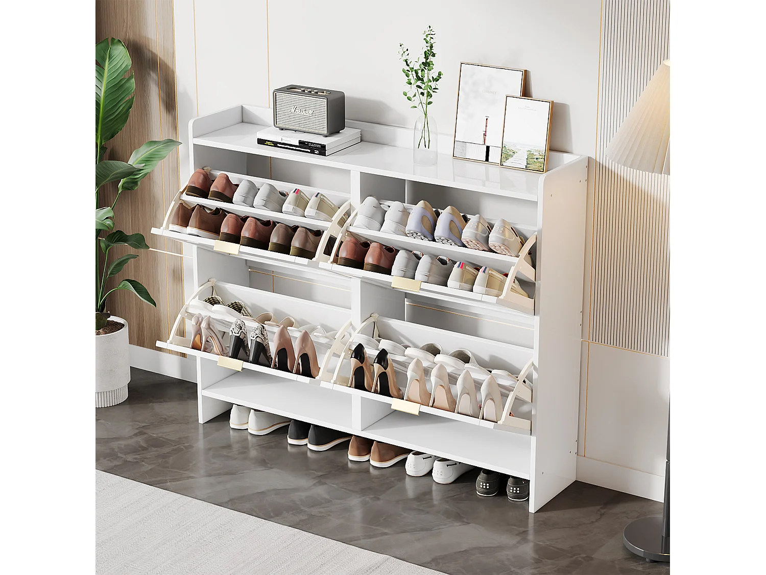 Meuble à chaussures moderne avec 4 rangement à rabat - 100 x 24 x 90 cm - aggloméré - blanc