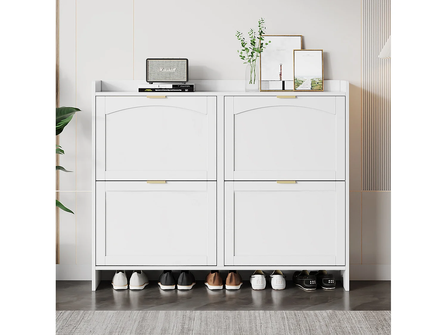 Meuble à chaussures moderne avec 4 rangement à rabat - 100 x 24 x 90 cm - aggloméré - blanc