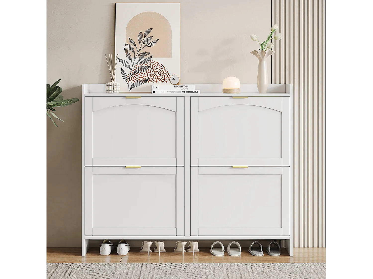 Meuble à chaussures moderne avec 4 rangement à rabat - 100 x 24 x 90 cm - aggloméré - blanc