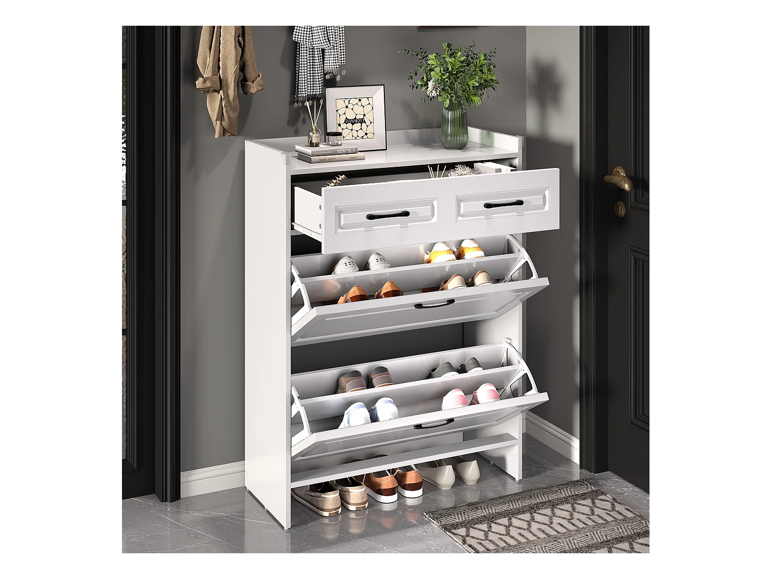 Meuble à chaussures avec 4 compartiments + 1 tiroir - 80 x 34 x 107.5 cm - MDF - blanc