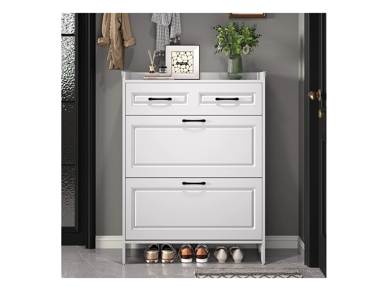 Meuble à chaussures avec 4 compartiments + 1 tiroir - 80 x 34 x 107.5 cm - MDF - blanc