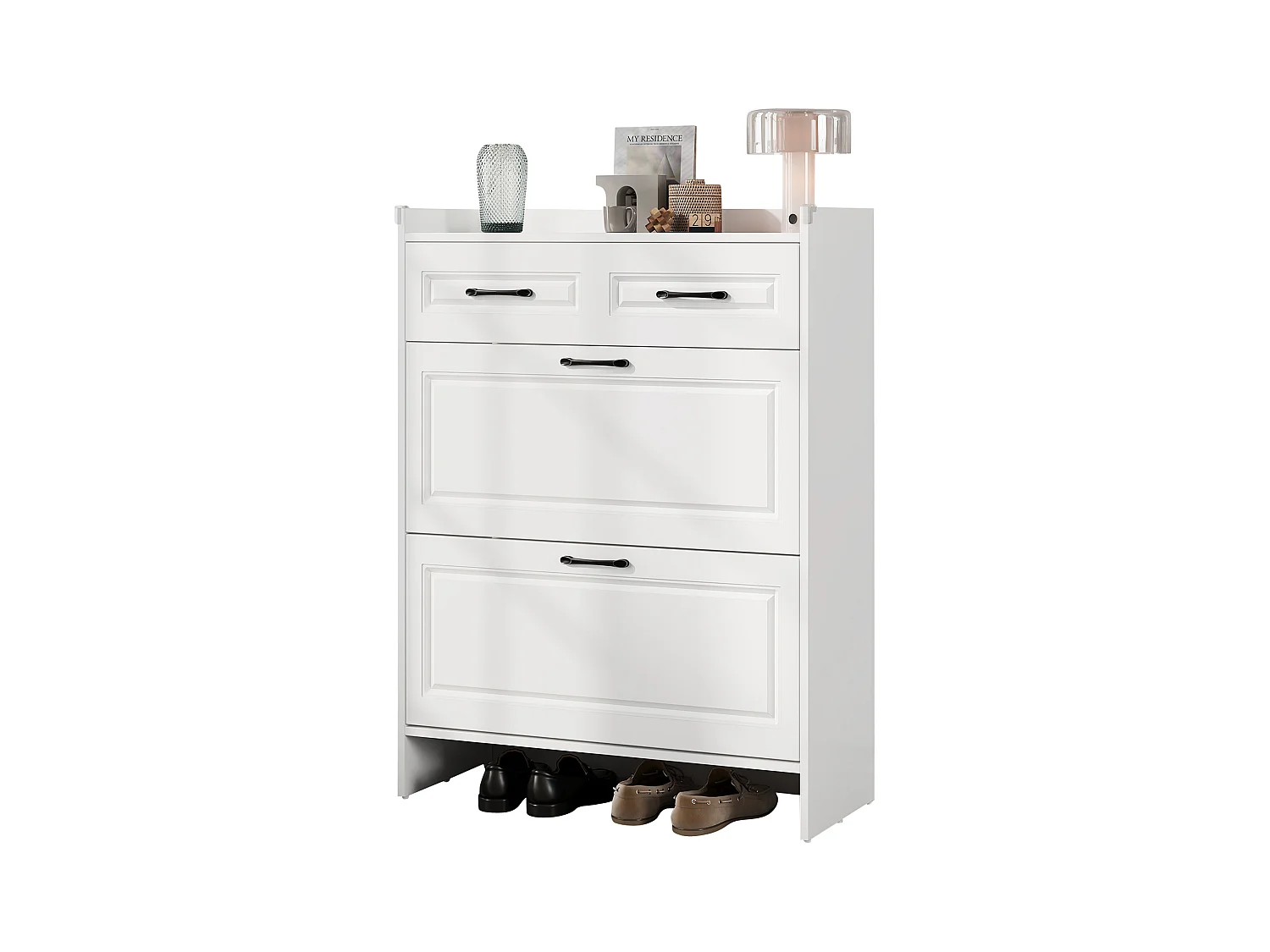 Meuble à chaussures avec 4 compartiments + 1 tiroir - 80 x 34 x 107.5 cm - MDF - blanc