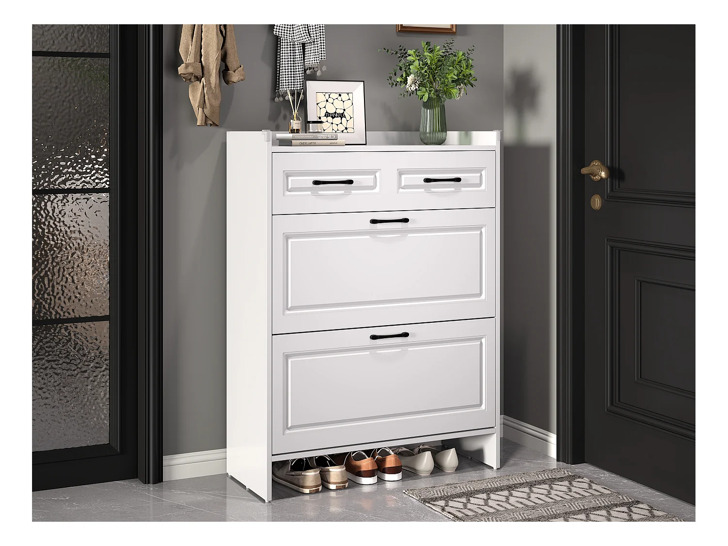 Meuble à chaussures avec 4 compartiments + 1 tiroir - 80 x 34 x 107.5 cm - MDF - blanc