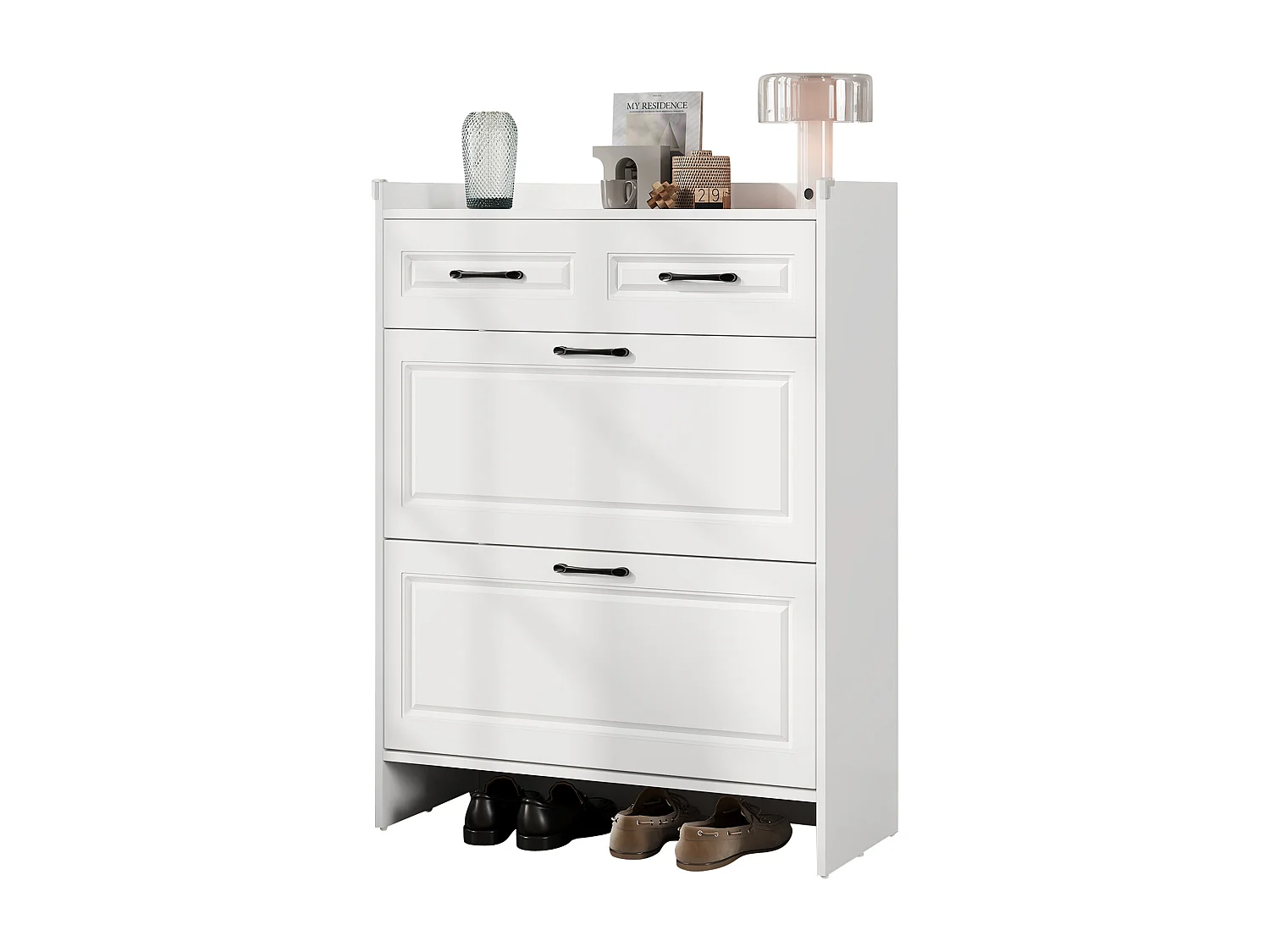 Meuble à chaussures avec 4 compartiments + 1 tiroir - 80 x 34 x 107.5 cm - MDF - blanc