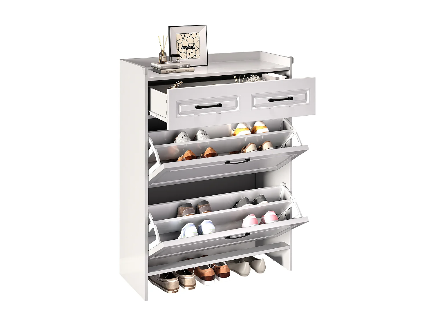 Meuble à chaussures avec 4 compartiments + 1 tiroir - 80 x 34 x 107.5 cm - MDF - blanc