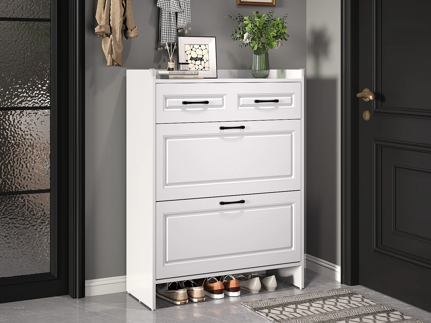 Meuble à chaussures avec 4 compartiments + 1 tiroir - 80 x 34 x 107.5 cm - MDF - blanc