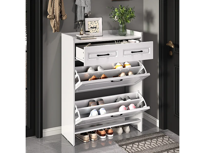 Meuble à chaussures avec 4 compartiments + 1 tiroir - 80 x 34 x 107.5 cm - MDF - blanc