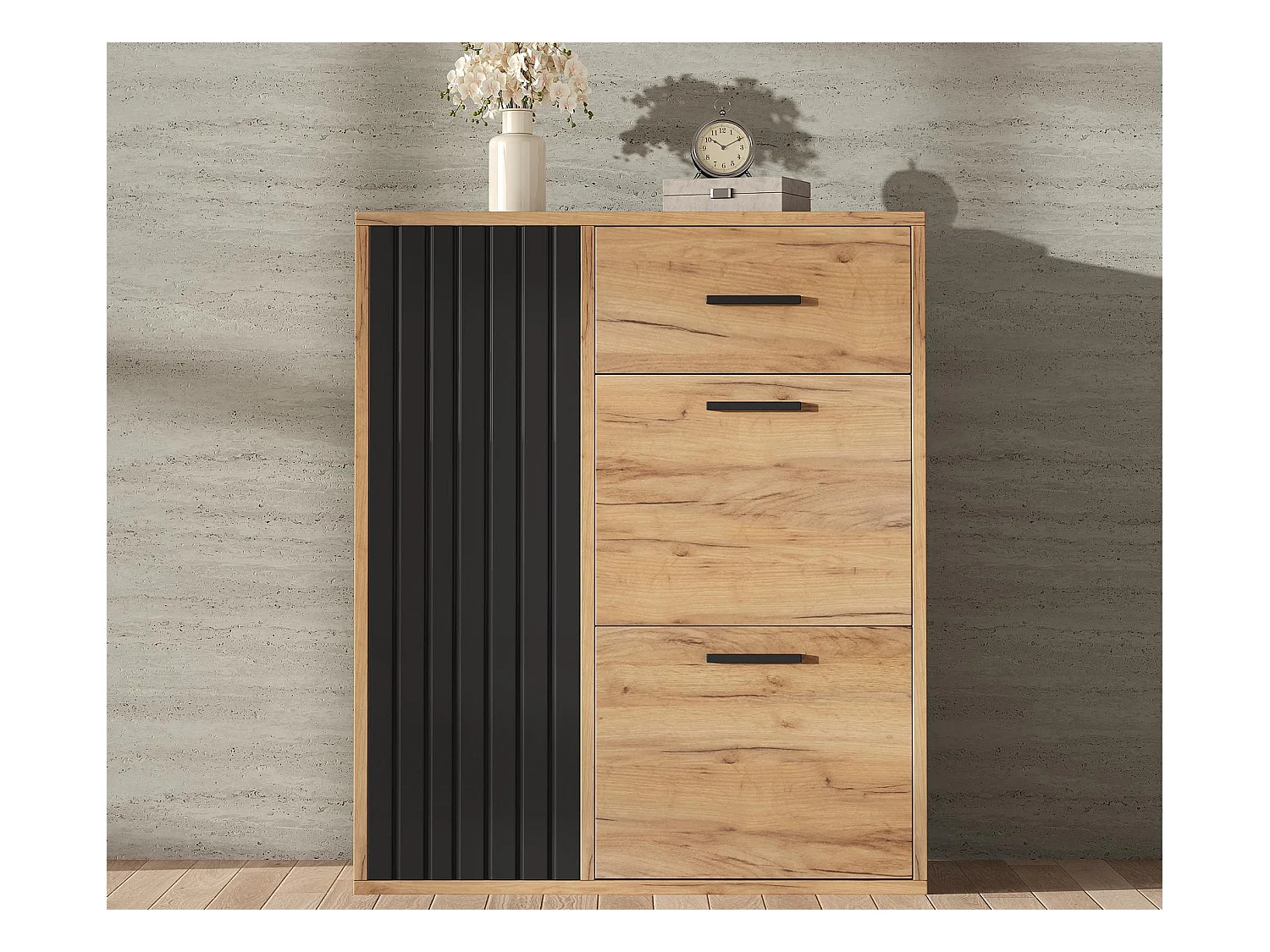 Meuble à chaussures 80x24x95.5cm - avec 2 portes abattantes - avec 1 tiroir et 1 porte - Naturel + Noir