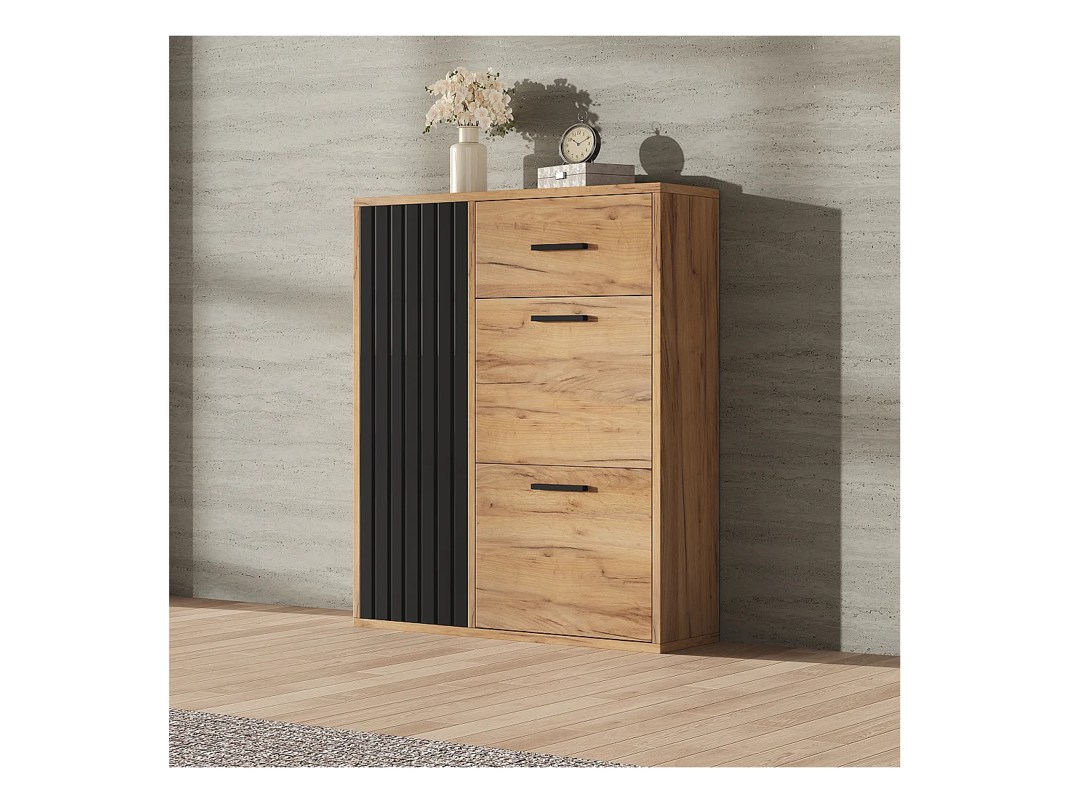 Meuble à chaussures 80x24x95.5cm - avec 2 portes abattantes - avec 1 tiroir et 1 porte - Naturel + Noir