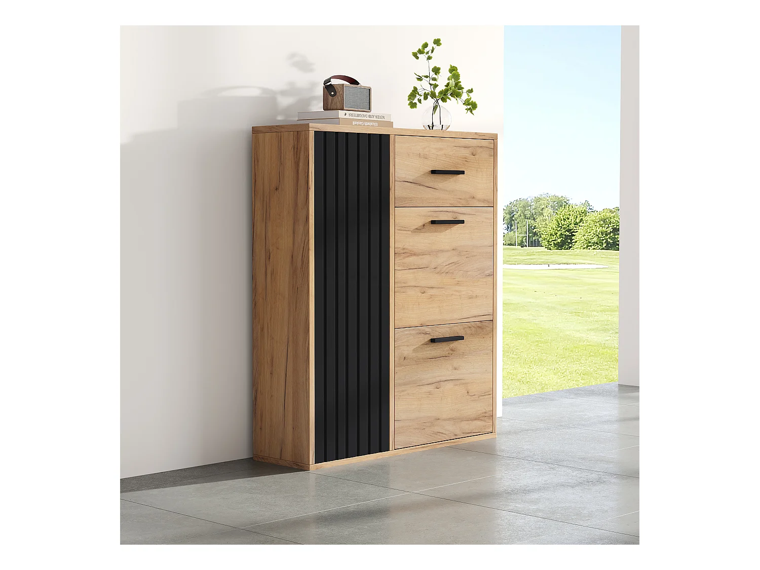 Meuble à chaussures 80x24x95.5cm - avec 2 portes abattantes - avec 1 tiroir et 1 porte - Naturel + Noir