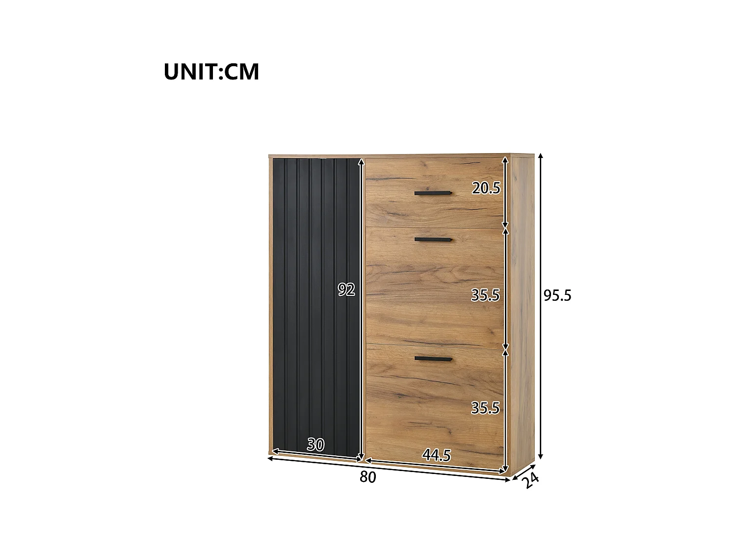 Meuble à chaussures 80x24x95.5cm - avec 2 portes abattantes - avec 1 tiroir et 1 porte - Naturel + Noir