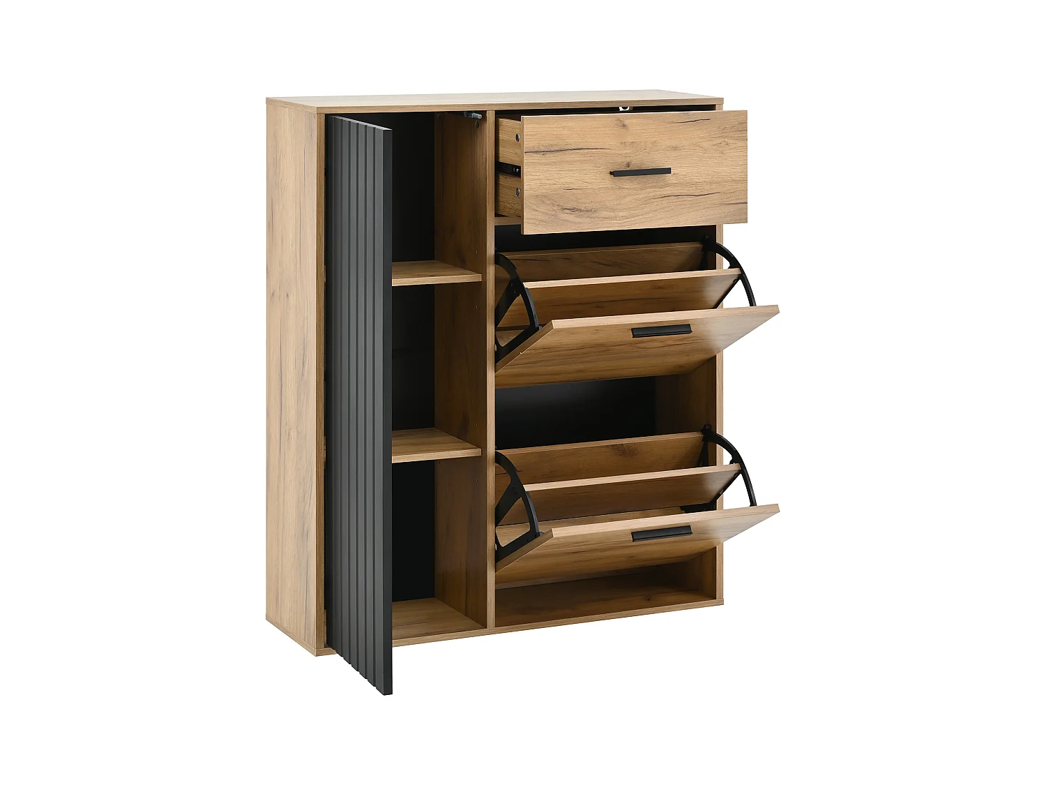 Meuble à chaussures 80x24x95.5cm - avec 2 portes abattantes - avec 1 tiroir et 1 porte - Naturel + Noir