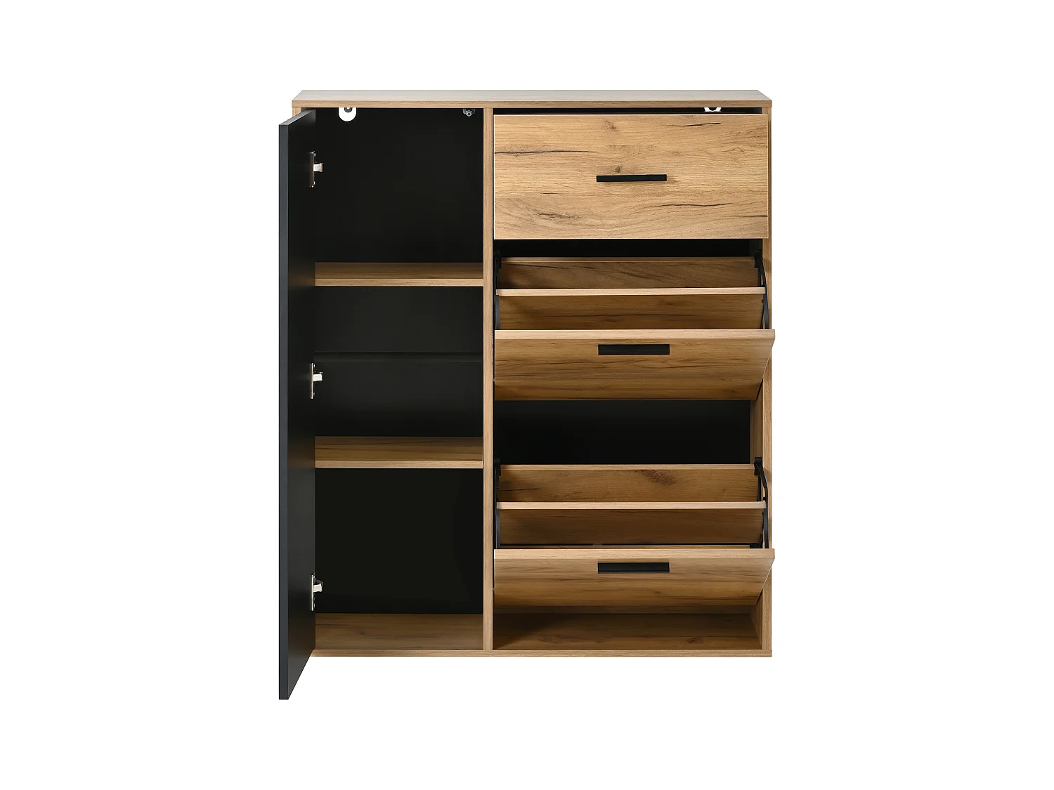 Meuble à chaussures 80x24x95.5cm - avec 2 portes abattantes - avec 1 tiroir et 1 porte - Naturel + Noir