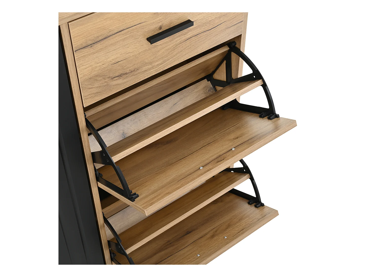 Meuble à chaussures 80x24x95.5cm - avec 2 portes abattantes - avec 1 tiroir et 1 porte - Naturel + Noir