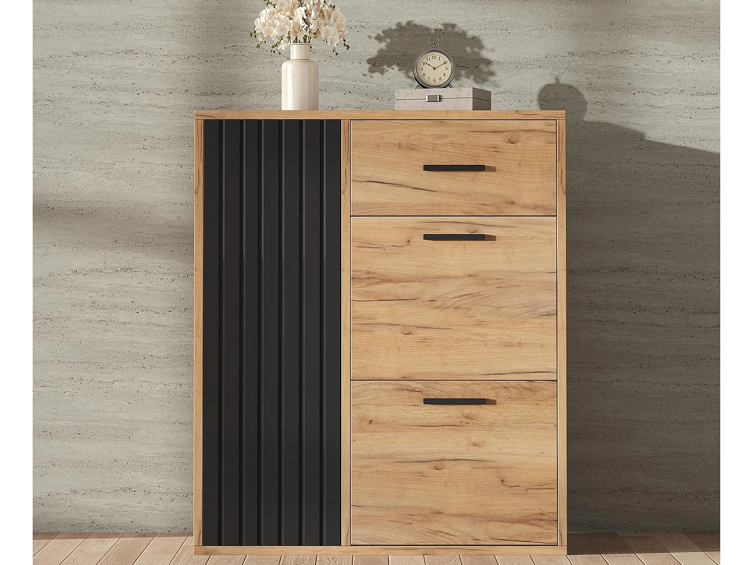 Meuble à chaussures 80x24x95.5cm - avec 2 portes abattantes - avec 1 tiroir et 1 porte - Naturel + Noir