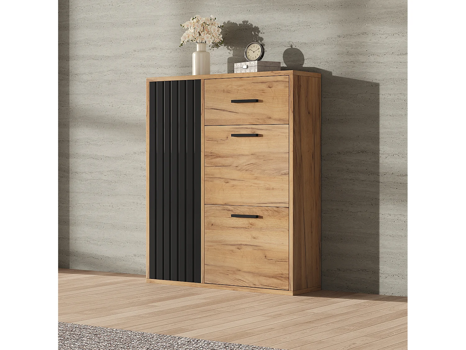 Meuble à chaussures 80x24x95.5cm - avec 2 portes abattantes - avec 1 tiroir et 1 porte - Naturel + Noir