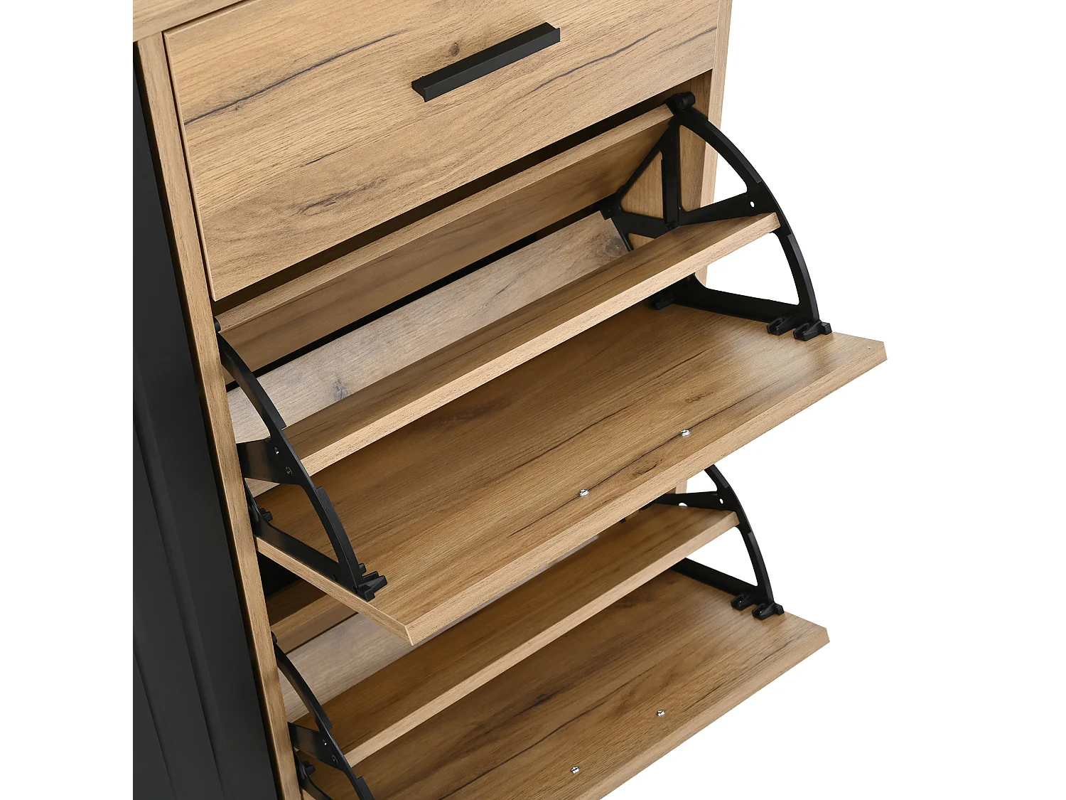 Meuble à chaussures 80x24x95.5cm - avec 2 portes abattantes - avec 1 tiroir et 1 porte - Naturel + Noir