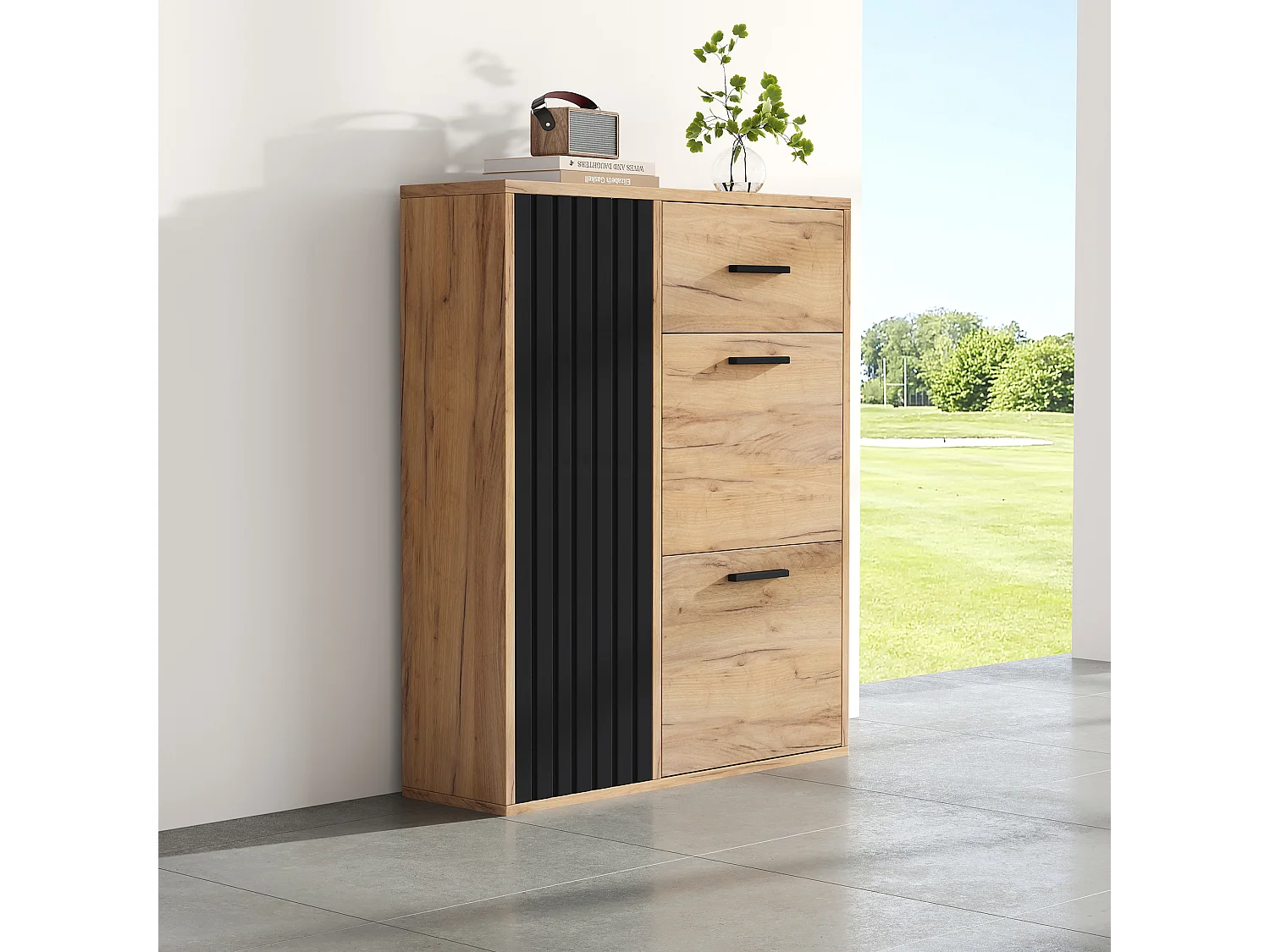 Schuhschrank 80x24x95.5 cm - mit 2 Klapptüren - mit 1 Schublade und 1 Tür - Natur + Schwarz