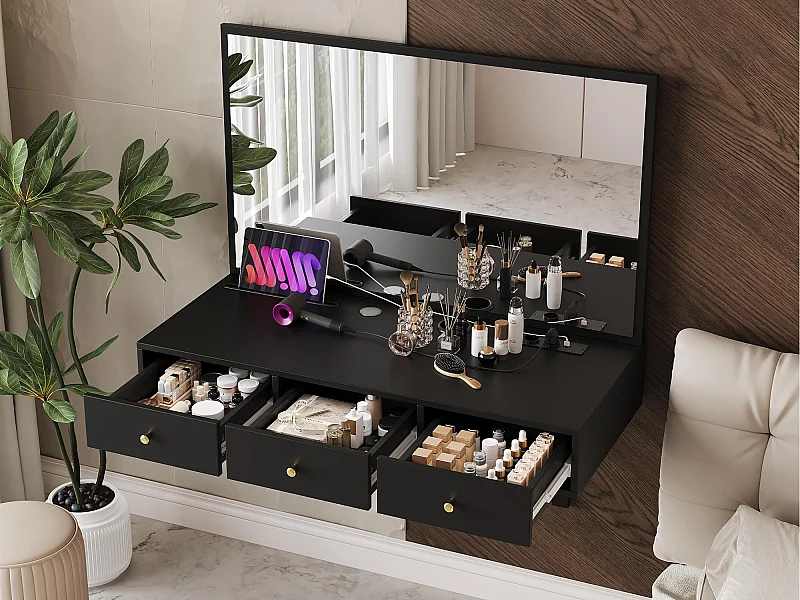Hängender Kosmetiktisch mit Spiegel 100x45x105 cm - mit 3 Schubladen und Steckdose - mit Tablethalterung und Getränkehalter - Schwarz
