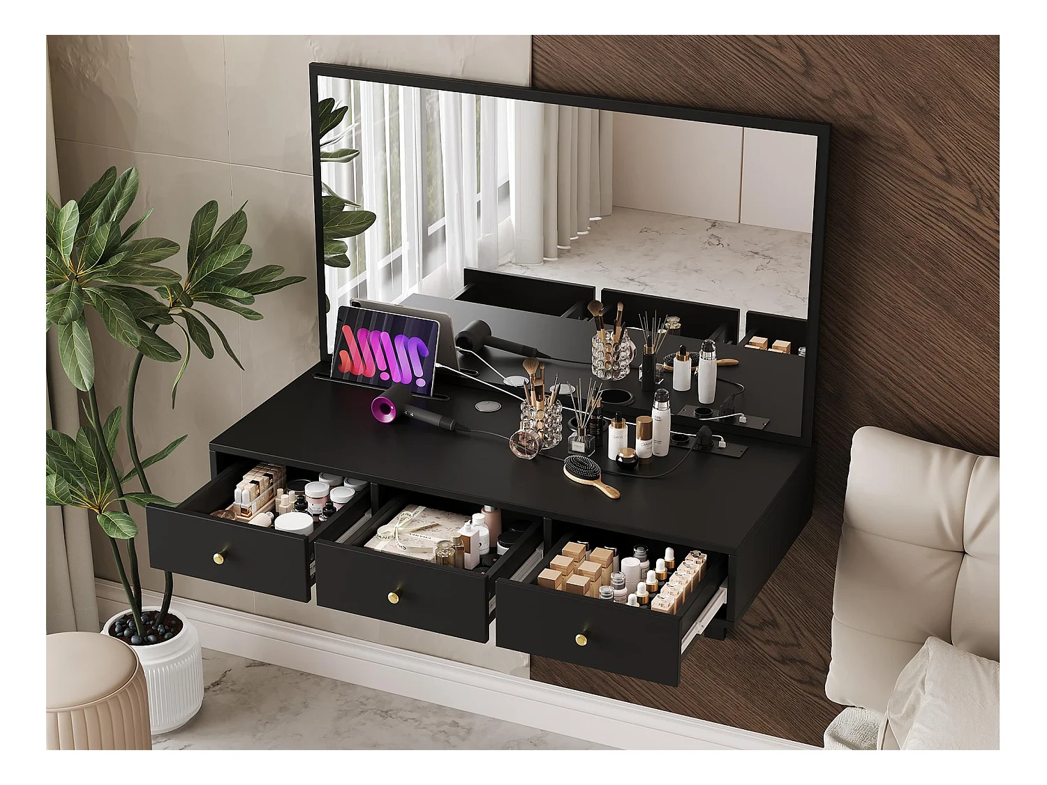 Coiffeuse suspendue avec miroir 100x45x105cm - avec 3 tiroirs et prise de courant - avec emplacement pour carte de tablette et porte-gobelet - Noir