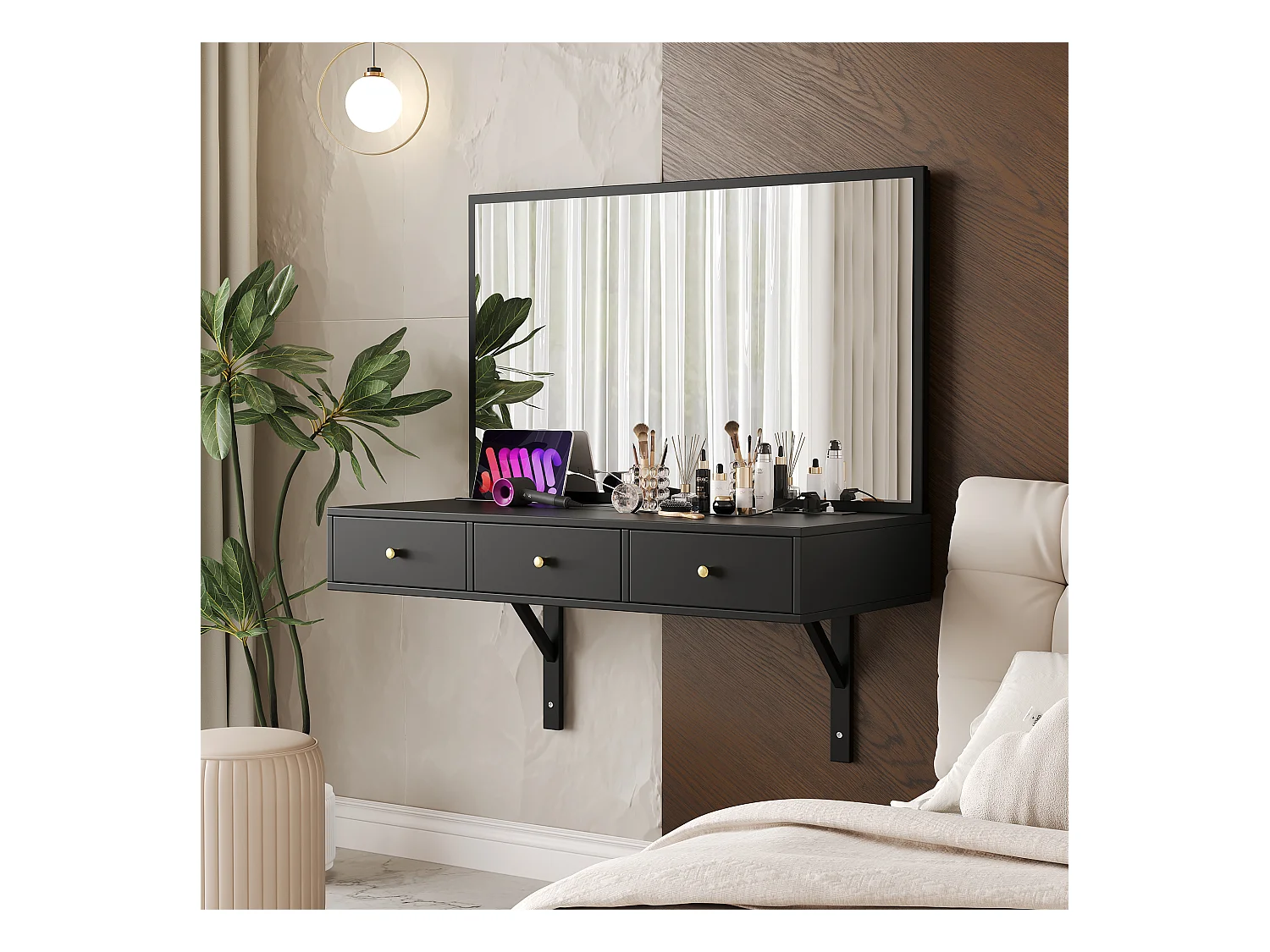 Coiffeuse suspendue avec miroir 100x45x105cm - avec 3 tiroirs et prise de courant - avec emplacement pour carte de tablette et porte-gobelet - Noir