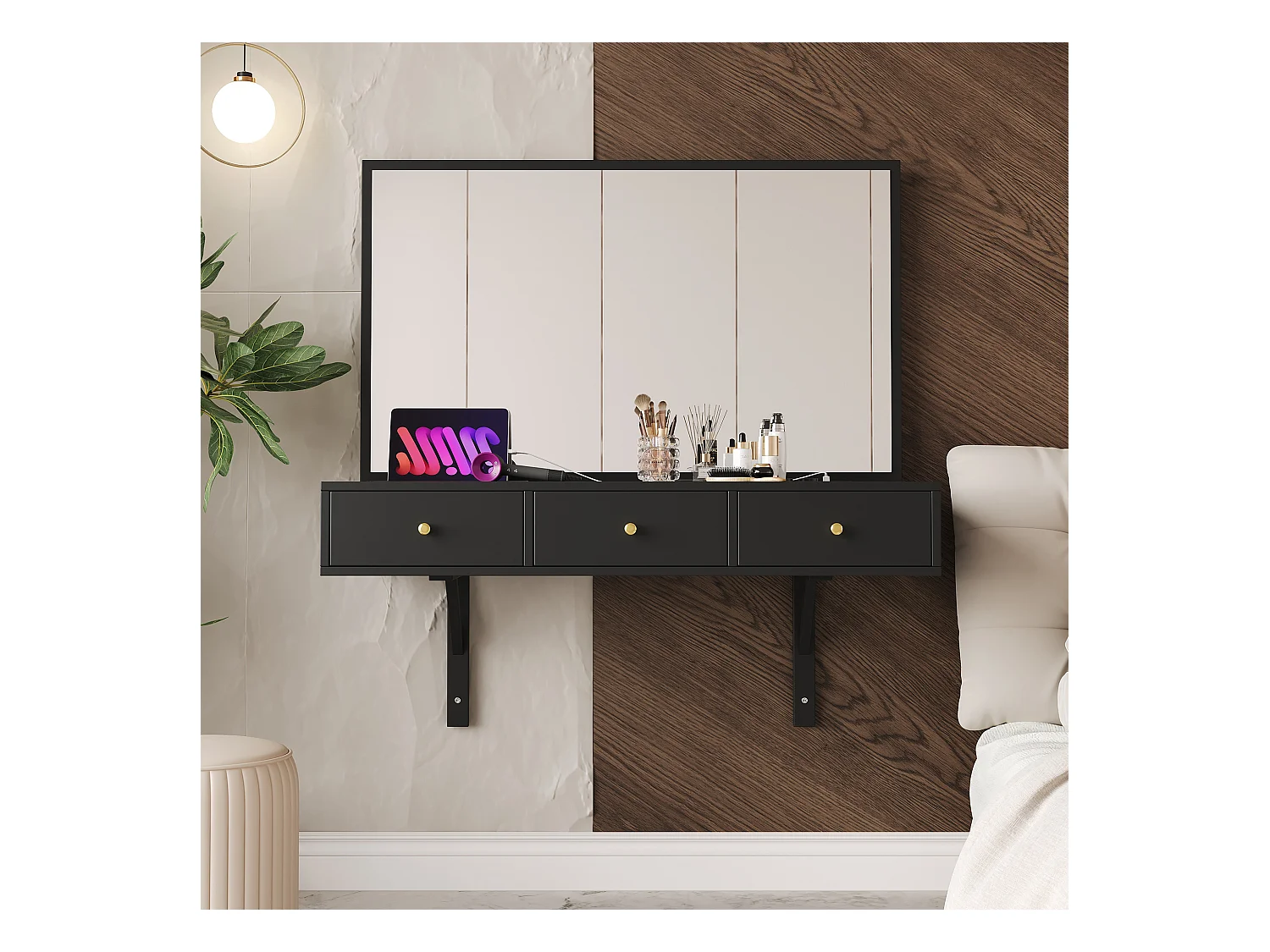 Coiffeuse suspendue avec miroir 100x45x105cm - avec 3 tiroirs et prise de courant - avec emplacement pour carte de tablette et porte-gobelet - Noir