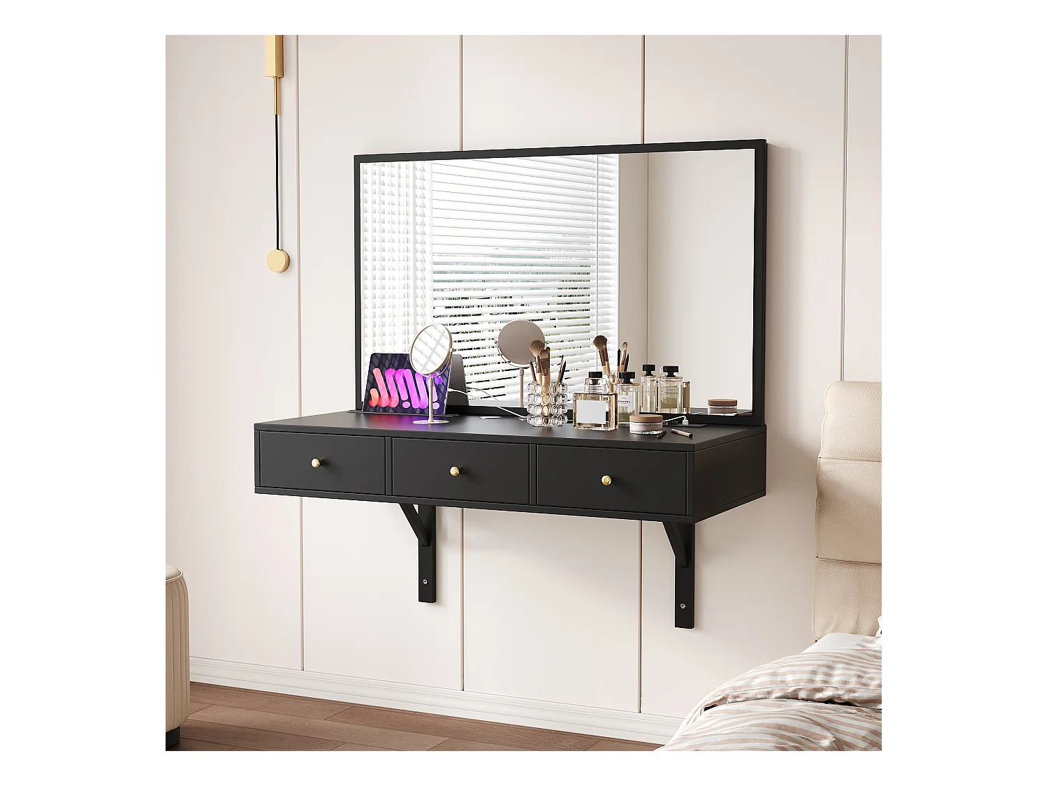 Coiffeuse suspendue avec miroir 100x45x105cm - avec 3 tiroirs et prise de courant - avec emplacement pour carte de tablette et porte-gobelet - Noir