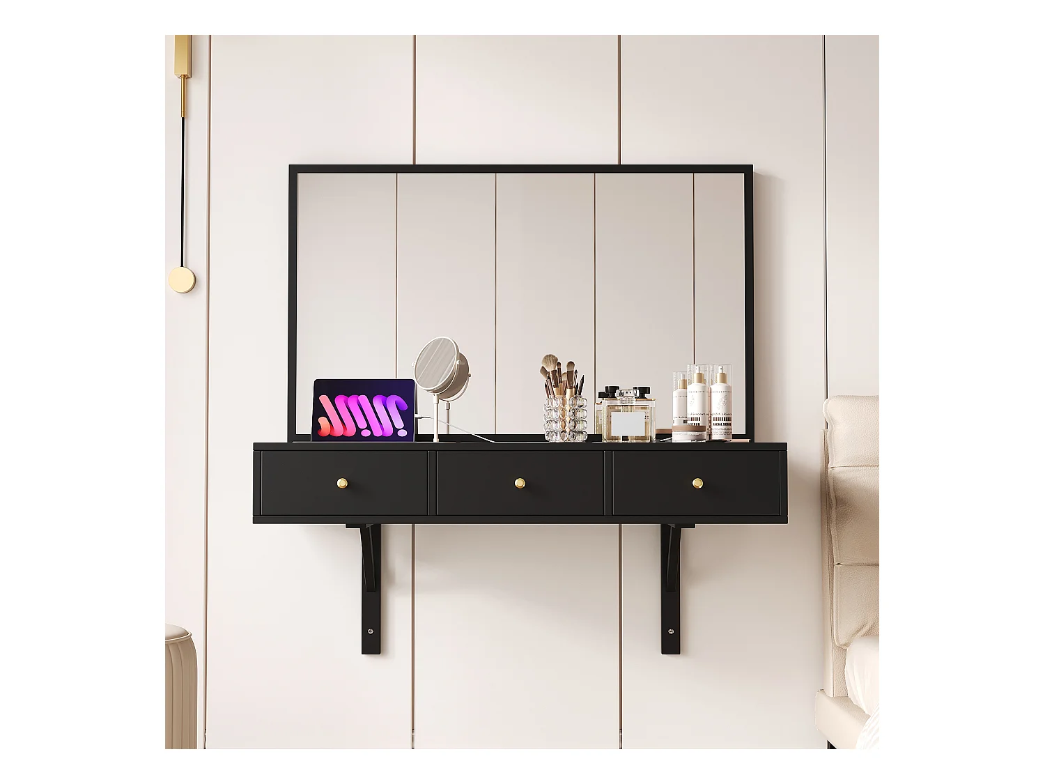 Coiffeuse suspendue avec miroir 100x45x105cm - avec 3 tiroirs et prise de courant - avec emplacement pour carte de tablette et porte-gobelet - Noir