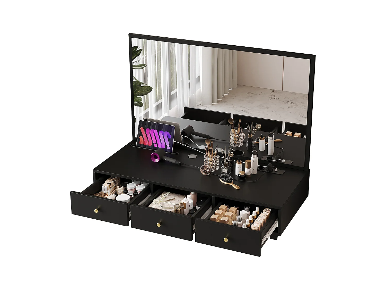 Coiffeuse suspendue avec miroir 100x45x105cm - avec 3 tiroirs et prise de courant - avec emplacement pour carte de tablette et porte-gobelet - Noir