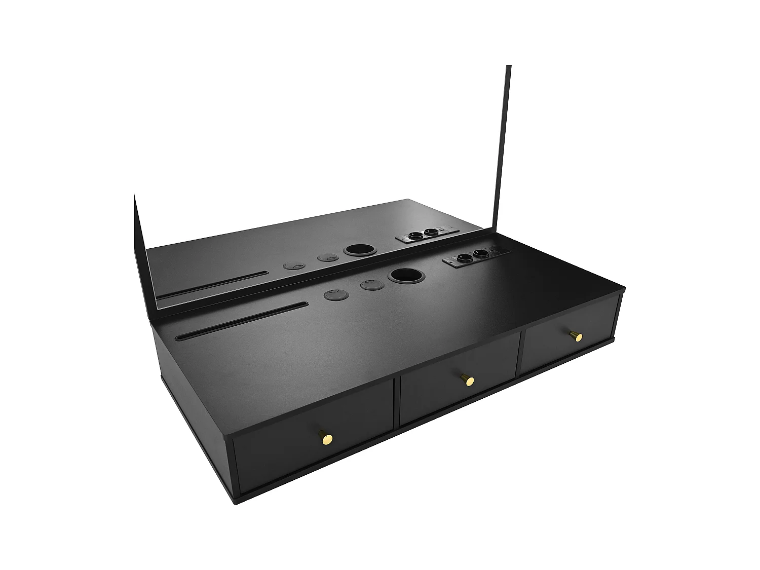 Coiffeuse suspendue avec miroir 100x45x105cm - avec 3 tiroirs et prise de courant - avec emplacement pour carte de tablette et porte-gobelet - Noir