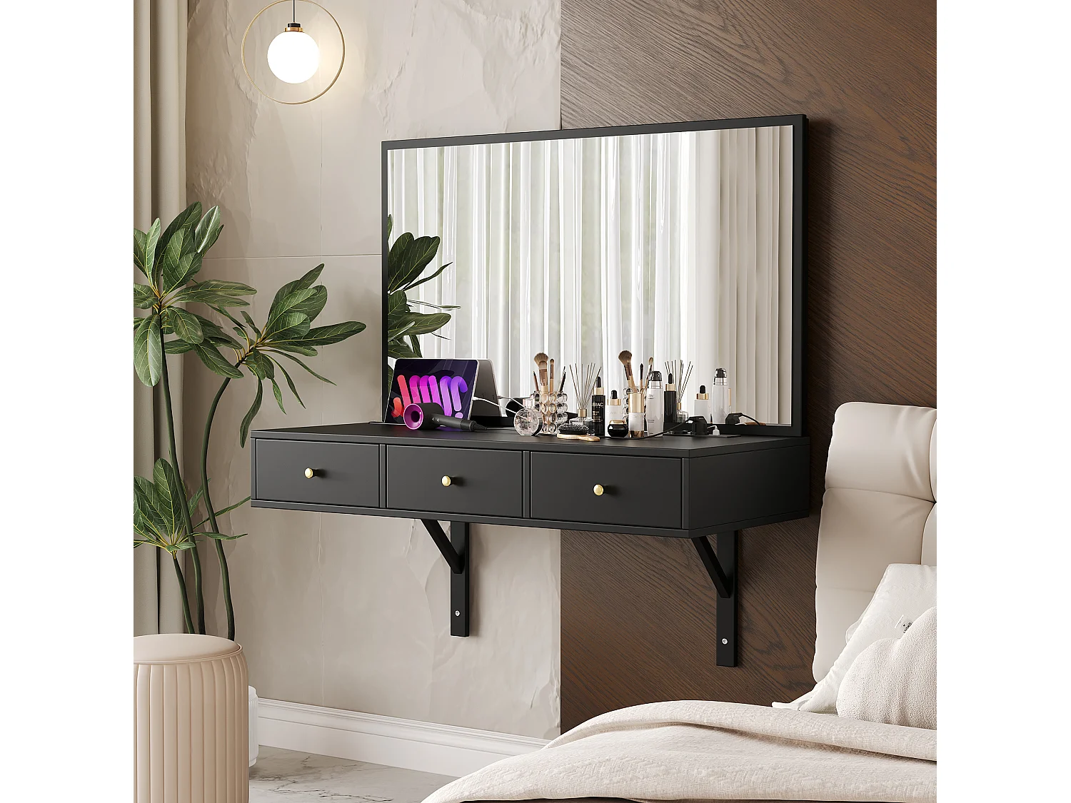 Toilette sospeso con specchio 100x45x105 cm - con 3 cassetti e presa di corrente - con alloggiamento per tablet e portabicchieri - Nero