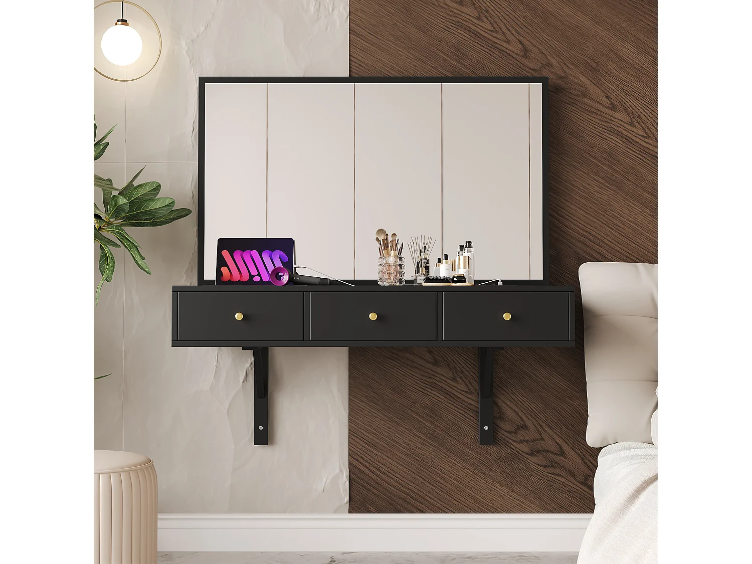 Toilette sospeso con specchio 100x45x105 cm - con 3 cassetti e presa di corrente - con alloggiamento per tablet e portabicchieri - Nero