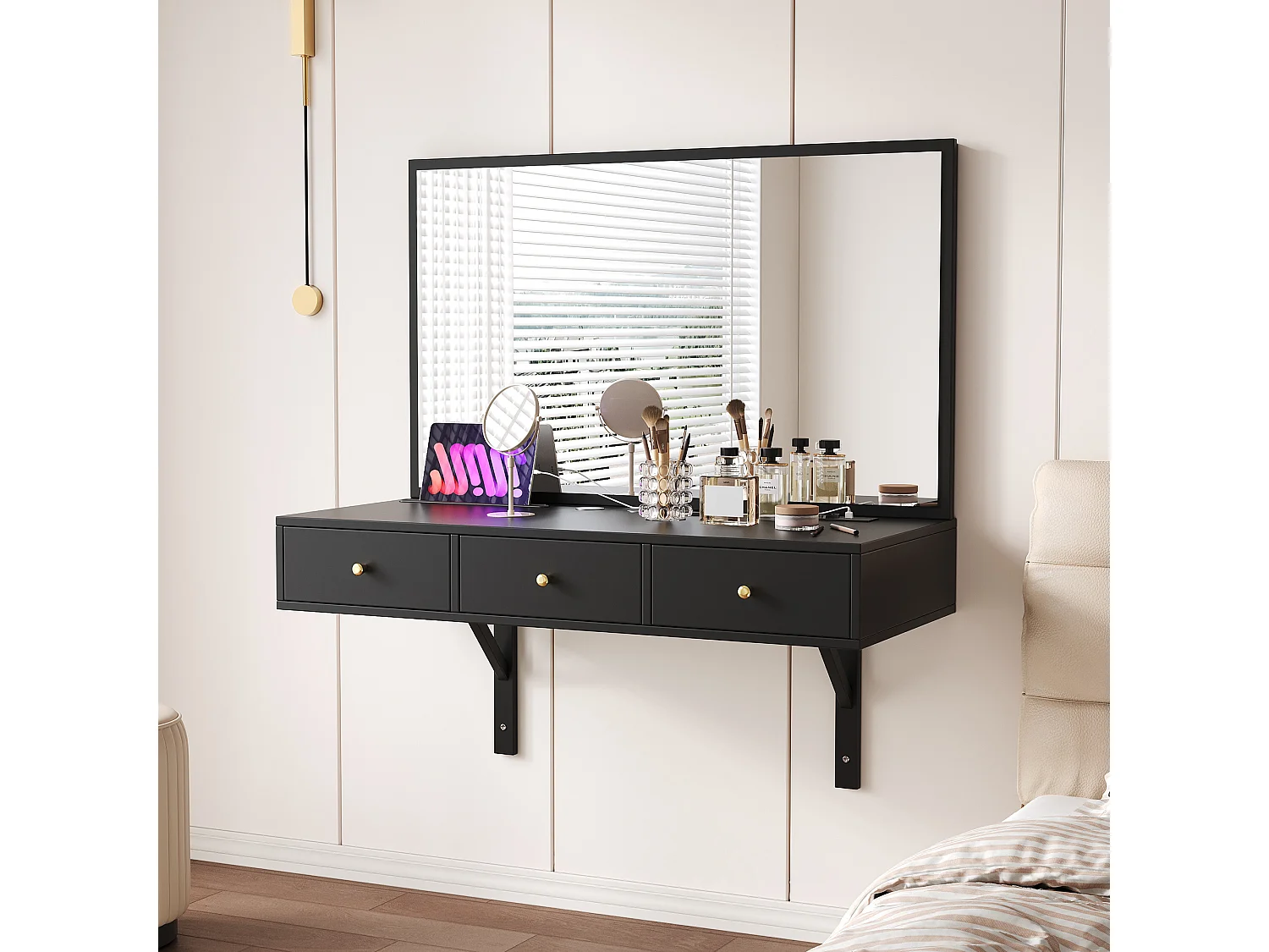 Toilette sospeso con specchio 100x45x105 cm - con 3 cassetti e presa di corrente - con alloggiamento per tablet e portabicchieri - Nero