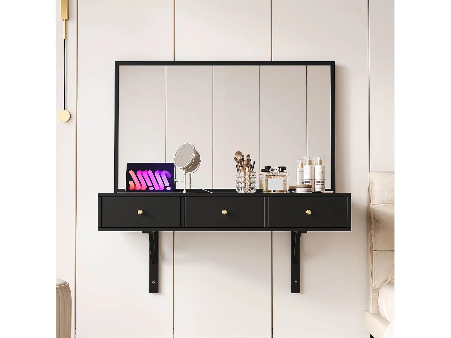 Toilette sospeso con specchio 100x45x105 cm - con 3 cassetti e presa di corrente - con alloggiamento per tablet e portabicchieri - Nero