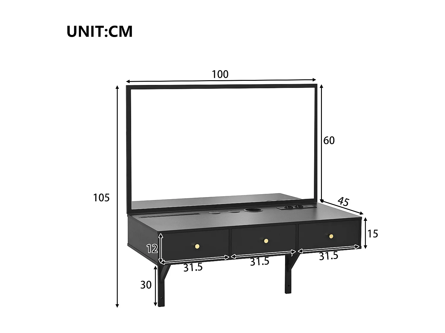 Toilette sospeso con specchio 100x45x105 cm - con 3 cassetti e presa di corrente - con alloggiamento per tablet e portabicchieri - Nero