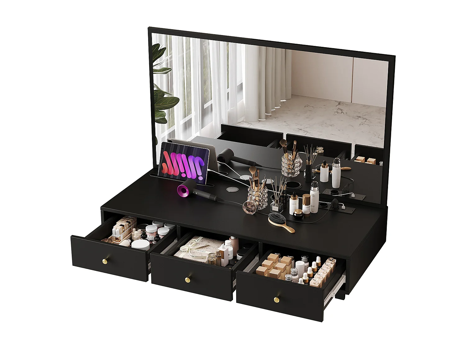 Toilette sospeso con specchio 100x45x105 cm - con 3 cassetti e presa di corrente - con alloggiamento per tablet e portabicchieri - Nero