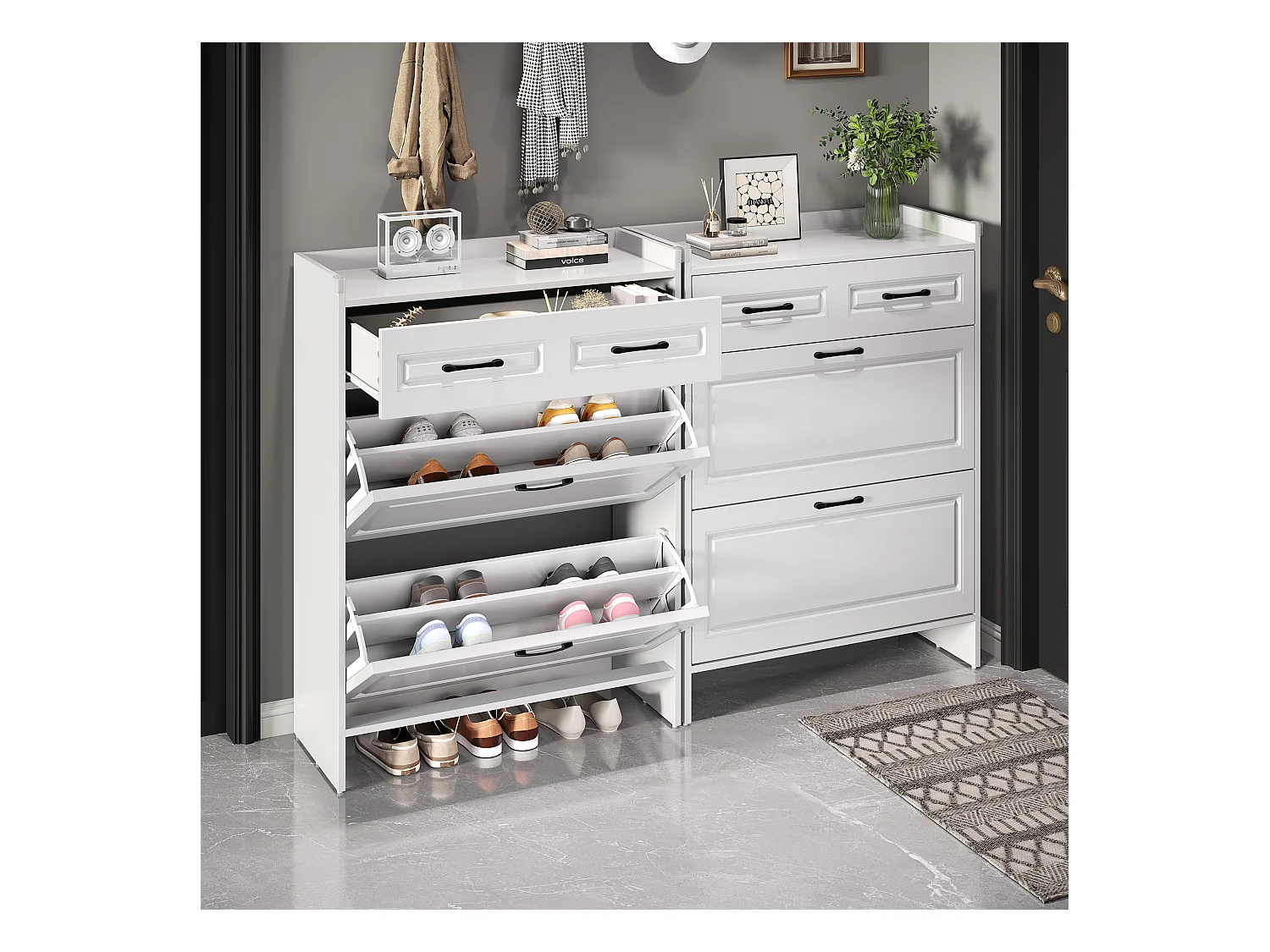 Ensemble de 2 meuble à chaussures avec 8 compartiments + 2 tiroirs - 80 x 34 x 107.5 cm - MDF - blanc