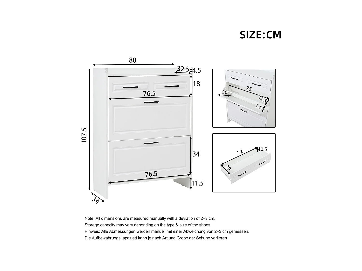 Ensemble de 2 meuble à chaussures avec 8 compartiments + 2 tiroirs - 80 x 34 x 107.5 cm - MDF - blanc