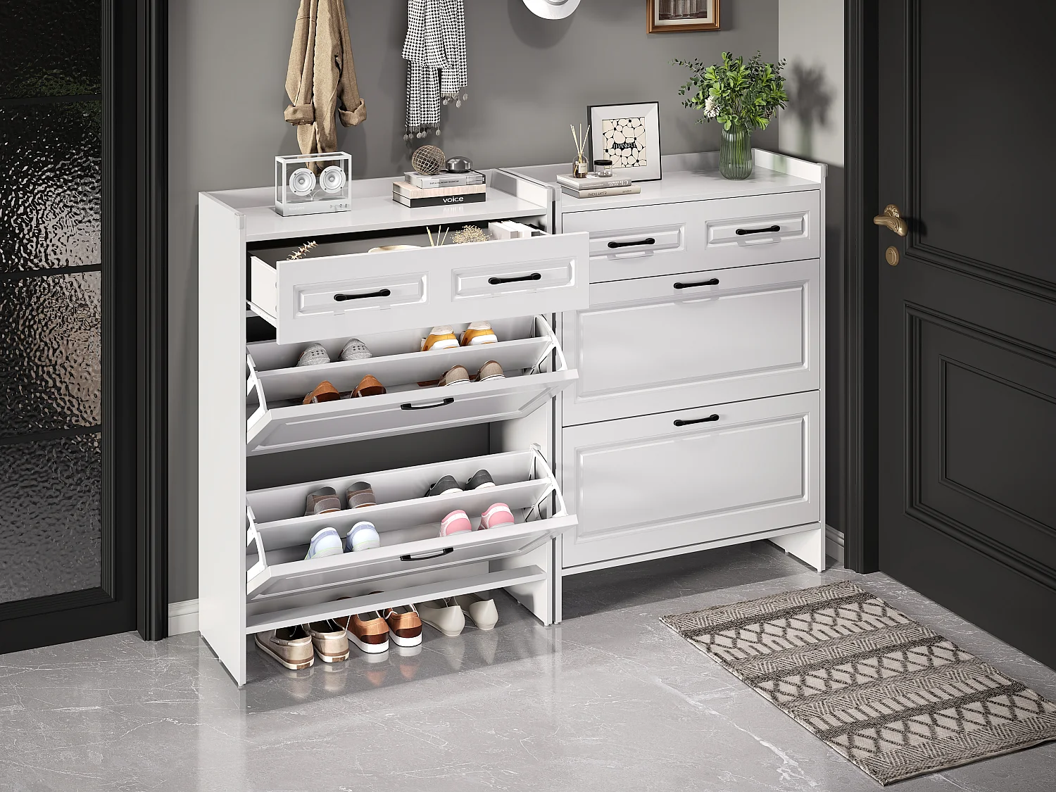 Ensemble de 2 meuble à chaussures avec 8 compartiments + 2 tiroirs - 80 x 34 x 107.5 cm - MDF - blanc