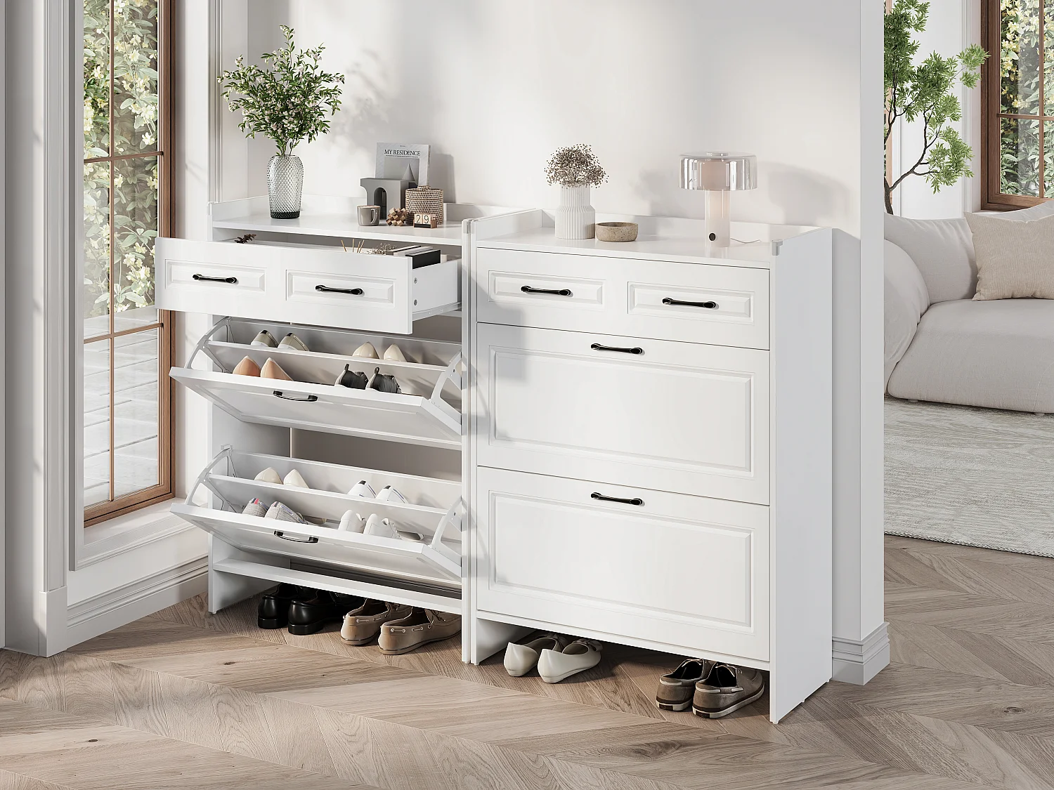 Ensemble de 2 meuble à chaussures avec 8 compartiments + 2 tiroirs - 80 x 34 x 107.5 cm - MDF - blanc