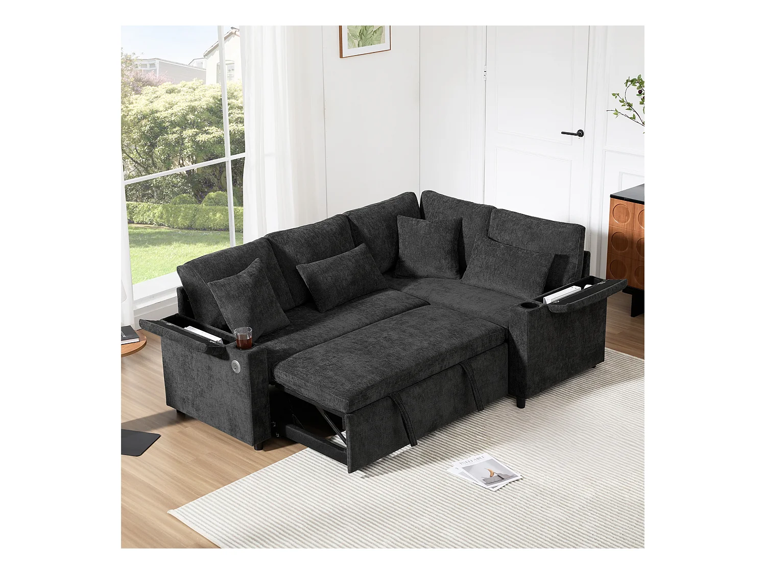 Canapé convertible extensible avec rangement - 206.5 x 141 x 86 cm - avec USB + 2 coussins - velours - gris