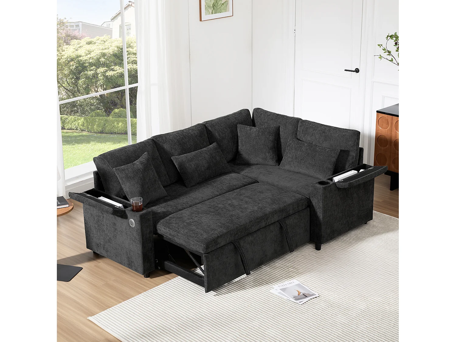 Canapé convertible extensible avec rangement - 206.5 x 141 x 86 cm - avec USB + 2 coussins - velours - gris