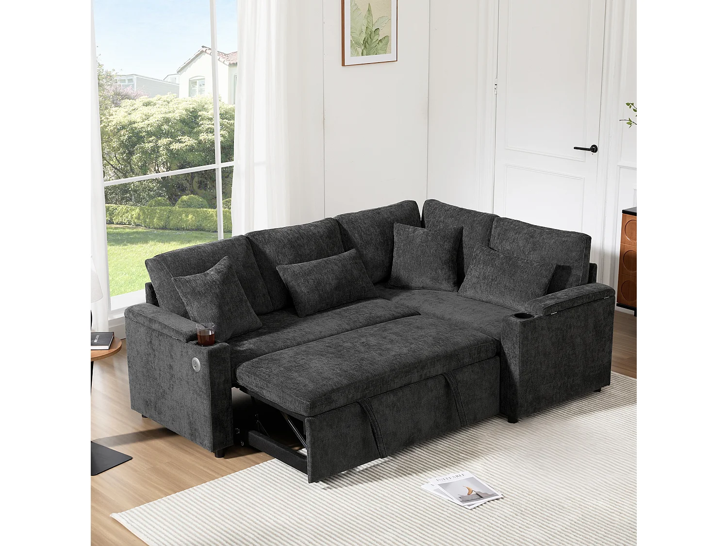 Canapé convertible extensible avec rangement - 206.5 x 141 x 86 cm - avec USB + 2 coussins - velours - gris
