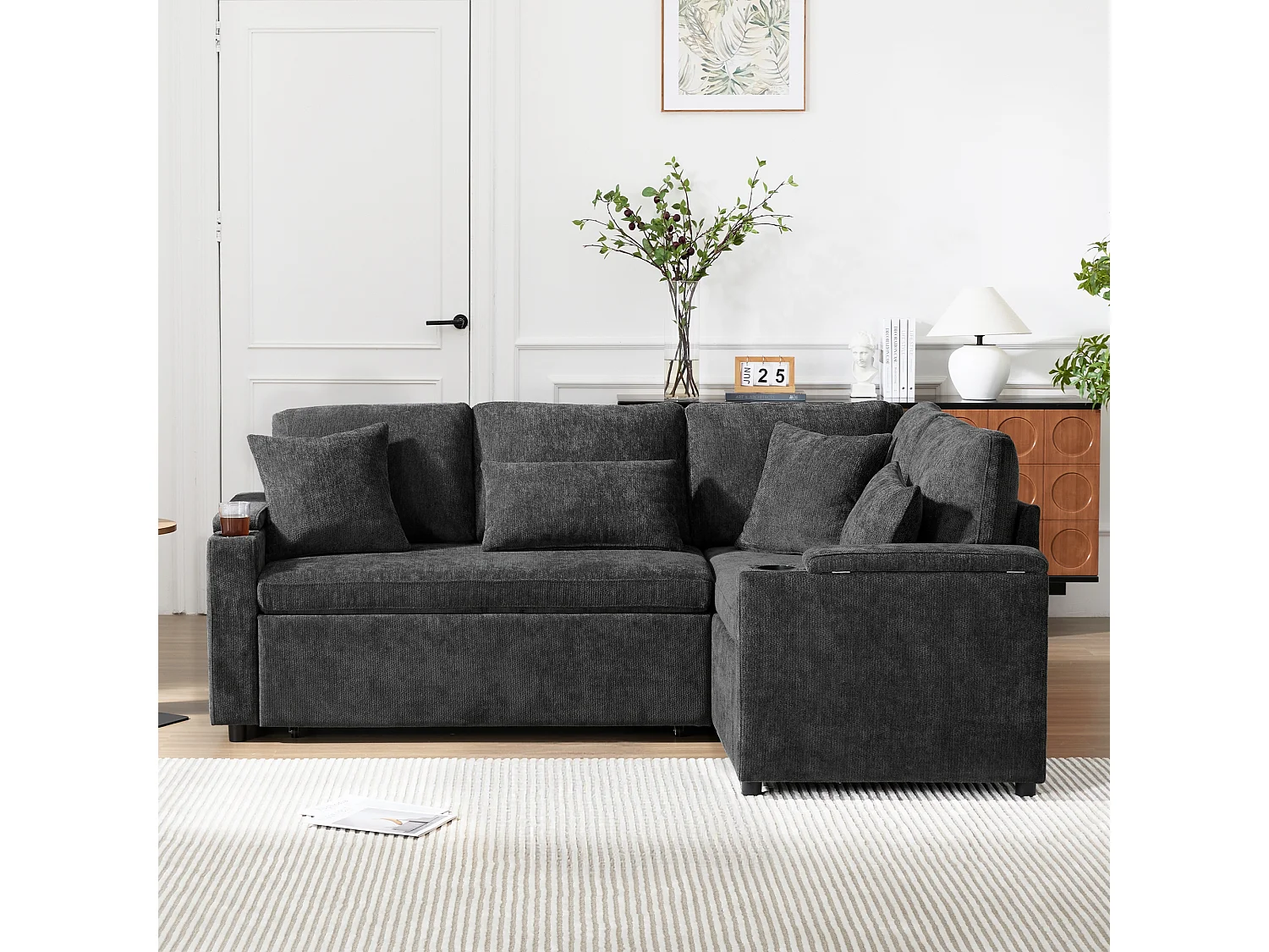 Canapé convertible extensible avec rangement - 206.5 x 141 x 86 cm - avec USB + 2 coussins - velours - gris