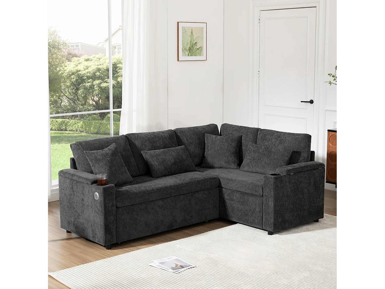 Canapé convertible extensible avec rangement - 206.5 x 141 x 86 cm - avec USB + 2 coussins - velours - gris